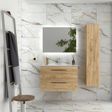 Meuble de salle de bain MORAI 80cm Chêne Vasque Porcelaine (1/5)