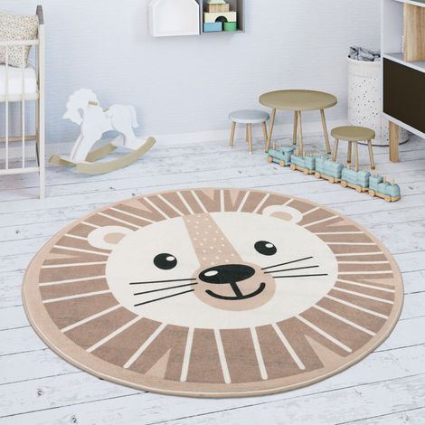 Paco Home Tappeto Bambini Cameretta Rotondo Da Gioco Bebè Motivo Leone Beige Bianco Ø 120 cm tondo