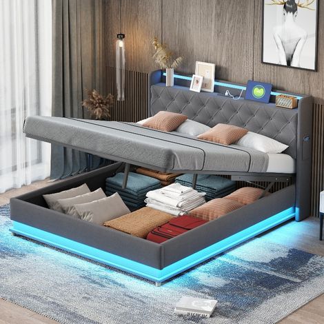 LED Polsterbett 160x200 cm mit Stauraum und USB-Ladeanschluss, Doppelbett mit hydraulischem Bettkasten und Lattenrost, Leinenstoff Grau (1/5)