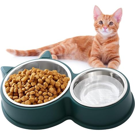 Stainless Steel Cat Bowl Set, Non-Slip Bowls for Cats and Kittens, Non-Slip Feeder, Available in Green, Blue, Pink and White (Green)