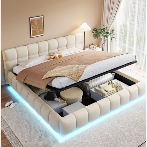 letto contenitore 180x200 salvaspazio LED velluto beige HAVRYA (1/5)