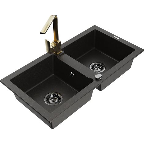 Mexen Mario 2-Becken-Granitspüle mit Mischbatterie Rita, Schwarz/Gold metallisch - 6504-75-670300-50 (1/5)