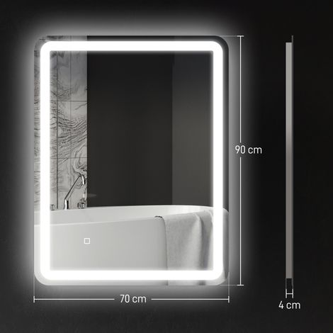 Miroir de salle de bain lumineux, tactile, antibuée, à intensité variable, 3 couleurs d'éclairage, 70 x 90 cm, argent (1/4)
