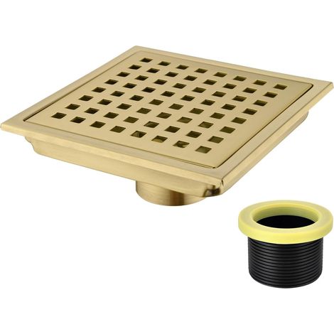 1 Siphon de sol carré, Acier inoxydable, Finition or brossé, Grille amovible, Pour salle de bain (1/5)