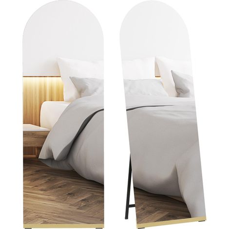 Miroir à corps incurvé complet 160x50 cm sans socle, cadre en bois, en forme de part de tarte, posable ou mural, transparent