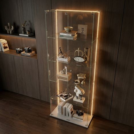 Vetrina collezionismo, Vetrina in vetro temperato, 5 ripiani, LED, 2 ante, armadio da esposizione, protezione antipolvere, per soggiorno, studio, moderno scandinavo, Bianco, striscia LED