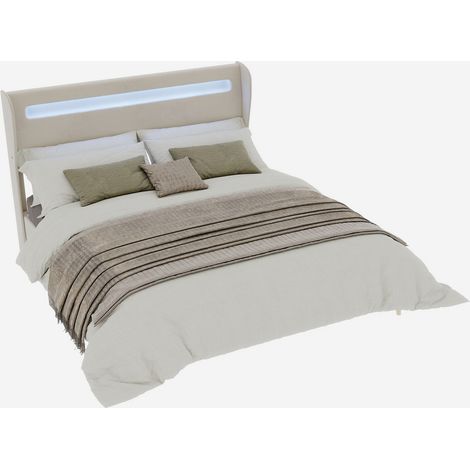 Lit rembourré moderne et minimaliste avec tête de lit douce rétroéclairée par LED, 160x200 cm, beige, mobilier de chambre multifonctionnel, base basse sans rangement (sans vérin à gaz), matelas non in (1/5)