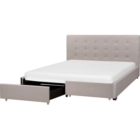 Lit Double 160x200 cm en Tissu Gris Clair Tête Capitonnée Cadre à 2 Tiroirs Rochelle