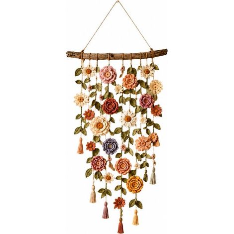 Décoration murale en macramé – Suspension murale fleurie au crochet – Style bohème pour salon et chambre – Multicolore (1/5)