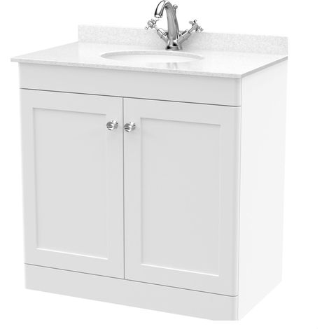 Swynnerton Traditional 2 Door Floor Standing Vanity Unit with Marble Basin, Satin White, 800mm