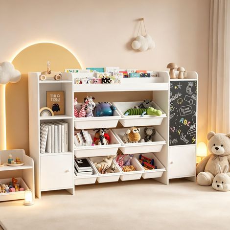 Meuble de Bibliothèque enfant – casiers + bacs –– pour jouets, livres tableau noir – design nordique (1/5)