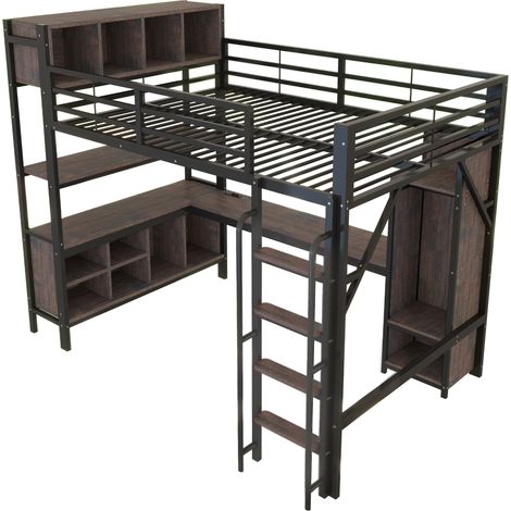 Lit mezzanine 140 x 200 cm avec bureau, armoire, LED, prises EU et garde-corps, noir (1/5)