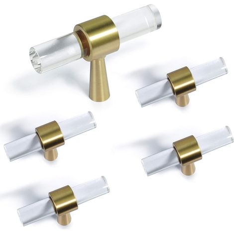 Ensemble de 5 poignées en verre serties de laiton, poignées en T pour tiroirs de commode, quincaillerie pour meubles, dorées et transparentes (1/5)