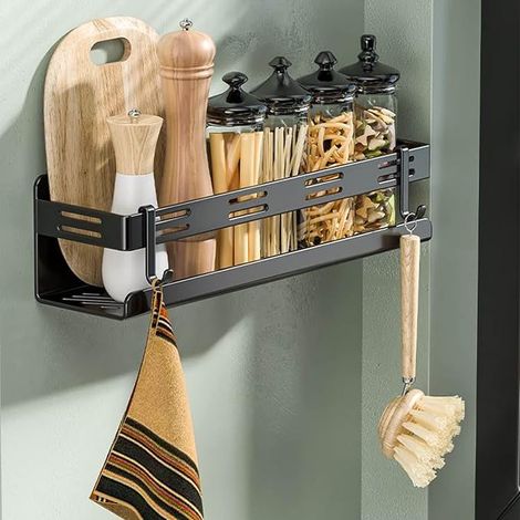 Étagère à épices autocollante, étagère à épices murale sans perçage, etagere cuisine de porte d'armoire, étagère à épices suspendue avec 4 crochets amovibles, étagère à épices pour cuisine, 40 cm Noir (1/5)