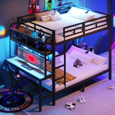 Lit superposé avec LED 140 x 200 cm Lit double enfant avec bureau port USB et étagères Structure en Métal Noir (1/5)
