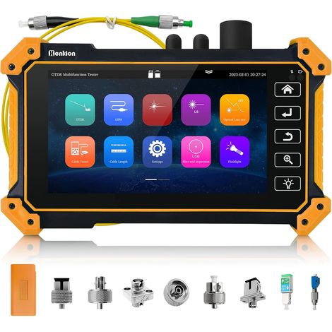 Testeur de Fibre Optique OTDR 1310/1550nm 26/24dB, Écran Tactile IPS 5,5 Pouces, Testeur OTDR avec OPM Intégré, LS, OLS, Carte d'Événements, Testeur de Câbles et 8 Adaptateurs Fibre Optique (1/5)