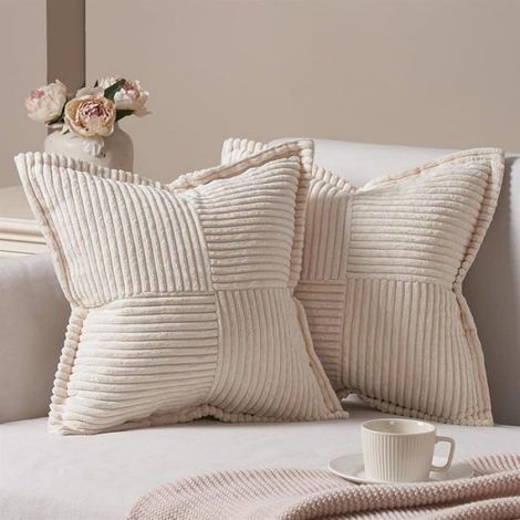 Housse Coussin Canap 35x35 Taie Oreiller Lot 2 en Velours Ctel Beige Motif Crois coration Beige 35 x 35 cm (Lot 2) (1/4)