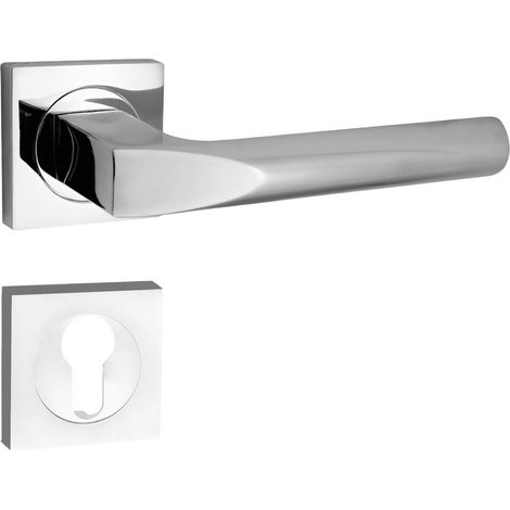domino Türgriff Drückergarnitur PZ - Profilzylinder Set quadratische Rosette Türklinke für Zimmertür, Bürotür, Kellertür & Innentür Türbeschläge aus Aluminium glänzendes Chrom CONO-QR M6 (1/5)