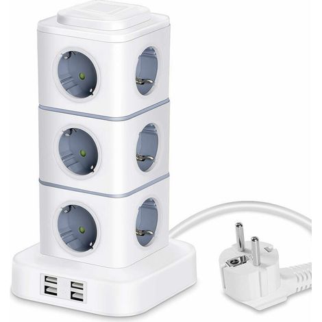 Tour Multiprise, 12 Prises Multiprise Electrique (2500W / 10A) avec 4 Ports USB, Multi Prises électriques Parafoudre Multiprise Verticale pour Maison Bureau, Rallonge 3M-Crezuo