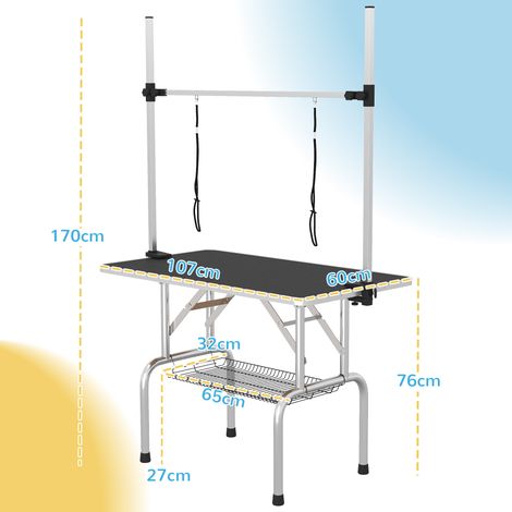 Table de toilettage chien pliable, hauteur réglable, avec panier de rangement sous l’assise, noire, 107x60x170 cm, idéale pour le bain et le soin. (1/5)