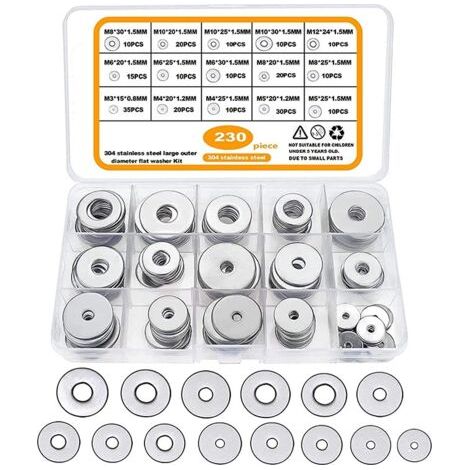 230 Pièces Rondelles Plates Larges, Rondelles en Acier Inoxydable, Rondelle étanchéité Ronde Fixation Meuble pour Vis Boulons, Ensembles d'Outils à Main, M3-M12 (1/5)