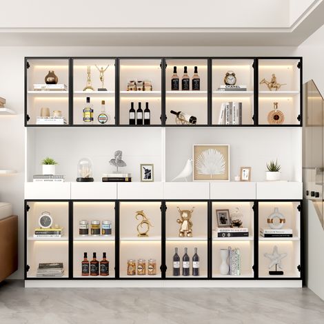 Porte vitrine haute 200cm éclairage LED bibliothèque multi-rangement collection chambre salon bureau cadre blanc-noir traditionnel