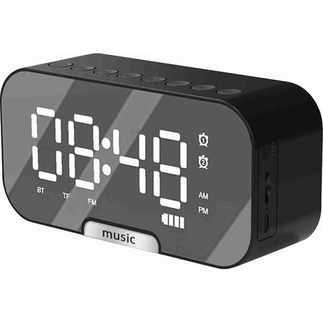 Réveil Digital Miroir, [Marque], Modèle-X, Enceinte BT Radio FM Double Alarme Lumière Réglable Support Téléphone Portable Rechargeable Noir Blanc Rose (1/5)