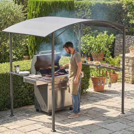 Cenador para Barbacoa de 2,4 x 1,5 m Cenador de Pérgola Exterior con 2 Estantes Laterales y Ganchos Gris Oscuro (1/5)
