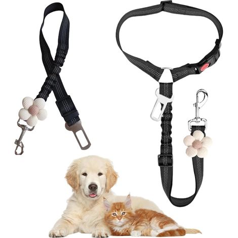Lot de 2 ceintures de sécurité réglables pour chien avec design réfléchissant et clip pivotant à 360° (long + court), ceinture de sécurité rembourrée élastique anti-chocs pour chiens de petite (1/5)