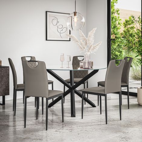 Malvern Round Dining Table And Chairs -  Clear Glass Table Top w Solid Oak Black Legs + Monza Faux Leather Dining Chair Set Of 6 (Grey) (1/5)