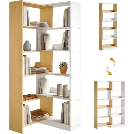 Bibliothèque extensible en L à 5 niveaux avec rotation à 350°, panneaux en aggloméré mélaminé, couleur chêne et blanc (1/5)