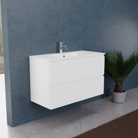 Inda - Badezimmerschrank B.100 mit mattem Waschbecken / Mattweiß 2 Schubladen - Rubin (1/5)