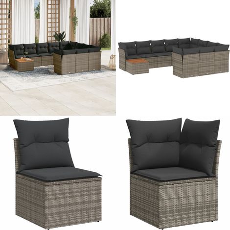 11-tlg. Garten-Sofagarnitur mit Kissen Grau Poly Rattan - Gartenmöbel Set - Outdoor Möbel - Rattan Sofa - Lounge Set - Esstisch - Home & Living (1/5)