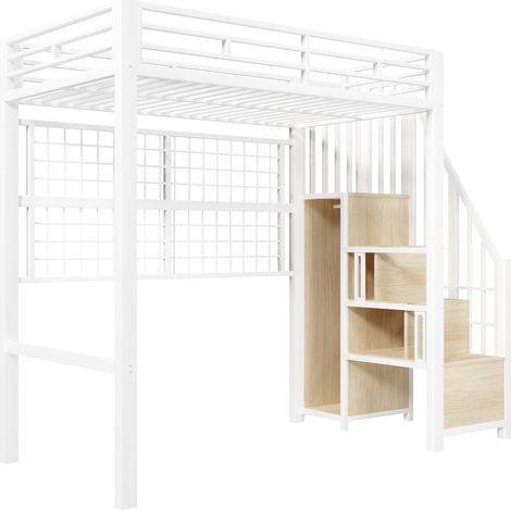 Letto a soppalco 90 x 200 cm in metallo bianco con armadio, scala contenitore e LED (1/5)