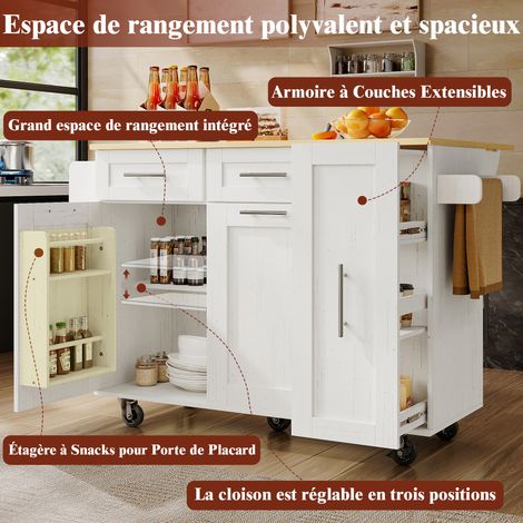 Îlot de cuisine moderne, buffet avec rangement, desserte en bois blanc, table multifonction avec tiroirs, meuble snack extensible avec étagères, armoire de rangement. (1/5)