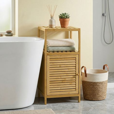 Armoire de salle de bain en bambou naturel, 33x36,5x67 cm, meuble à 1 porte avec étagère, teinte bois clair (1/5)