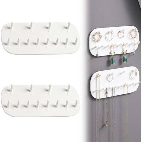 Lot de 2 supports muraux pour bijoux, crochets adhésifs pour colliers, bracelets, boucles d’oreilles et porte-clés, présentoir et organiseur, blanc (1/5)