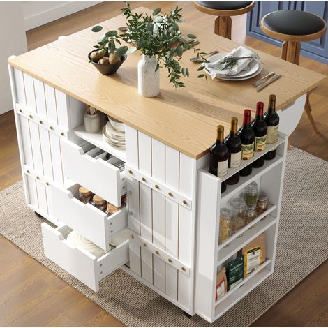 Kücheninsel 110x42x90 cm weiß aus MDF mit klappbarer Arbeitsplatte, Schiebetüren, Schubladen und Rollen (1/5)