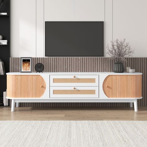 Meuble TV en mélange de bois naturel avec portes et tiroirs, Meuble TV avec côtés en rotin, MDF, Blanc et couleurs naturelles (1/5)