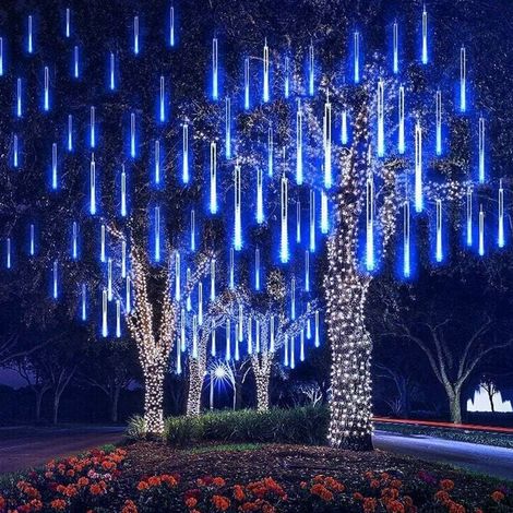 Météore Pluie Guirlandes Lumineuse, 8 Tubes 30CM  Eclairage Météore Douche Lumière Etanche LED Pour Mariage Maison Arbre Jardin de Noël Parti (Bleu)