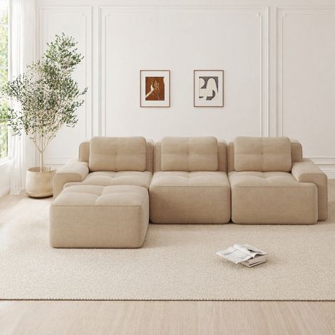 Canapé modulaire en velours côtelé beige, 3 places avec ottoman, assise profonde 74 cm, sans montage (1/5)
