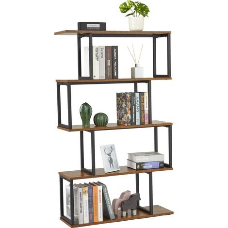 Meerveil Bookcase, 5-Tier S Shaped Bookshelf, Storage Shelving Unit, Industrial Display Shelf for Living Room, Bedroom, Home Office, Plant, 76 x 24 x 127.5 cm, Rustic Brown (1/5)