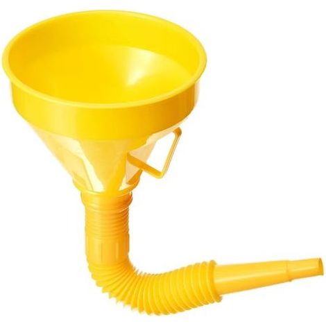 Entonnoir à carburant jaune avec filtre et tube d'extension flexible.