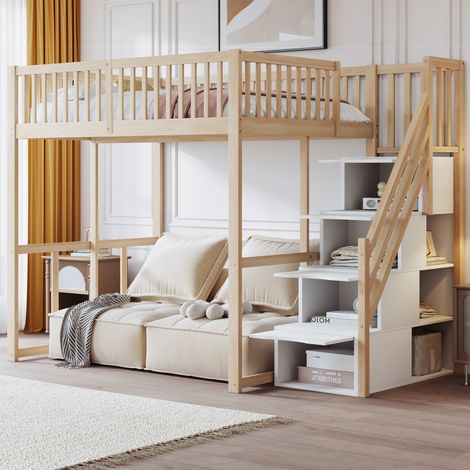 Lit Mezzanine 140x200cm en Pin Massif - Lit Enfant Haut avec Escalier de Rangement et Barrières - Gain de Place - Bois Naturel (1/5)