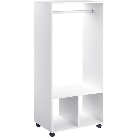 Armoire ouverte à roulettes, avec trengle et étagères pour suspendre et plier les vêtements, 60 x 40 x 128 cm, blanche