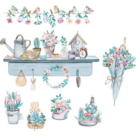 Lntyq Stickers muraux FLEUR & TABLETTES MURALES bleu (85x78 cm) I autocollant sticker mural oiseaux pot de plantes I Déco pour salon chambre cuisine couloir chambre d'enfant (1/5)
