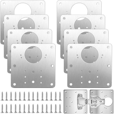 Piastra di riparazione per cerniere per porte da 8 pezzi 9x9 cm, kit di riparazione per cerniere per mobili in acciaio inossidabile, piastra piatta per cerniere per porte di armadietti con 64 viti per