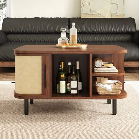 Mesa de centro en MDF color nogal 80 x 60 x 47 cm con almacenaje abierto y armarios laterales (1/5)