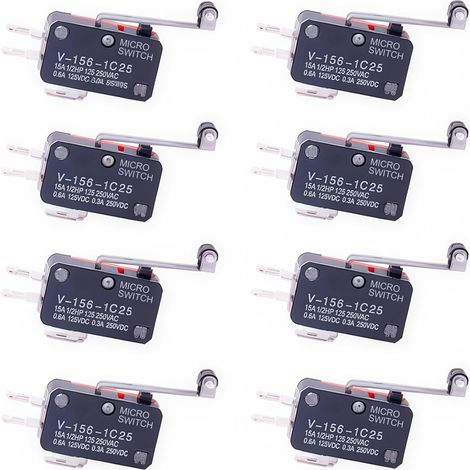 Mikro-Endschalter – 8er-Pack – Metall und Kunststoff – Langer Scharnierrollenhebel – Für AC/DC-Schaltungen und Arduino – Modell V-156-1C25 (1/5)