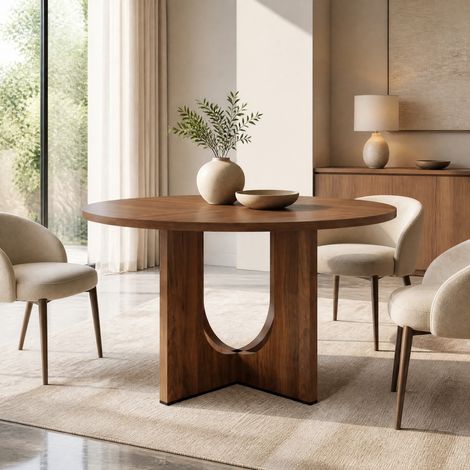 Tavolo da pranzo rotondo 120 cm per 4-6 persone, MDF, noce, stile scandinavo (1/5)